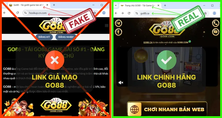 Khi so sánh trực tiếp, logo Go88.com thật tạo cảm giác chuyên nghiệp và tin cậy, còn logo giả Go88.com trông tạm bợ và thiếu thẩm mỹ.